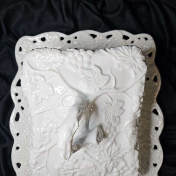 Elegant White Porcelana Large Porcelain Butter/Cheese Dish Raised Grapes Design - Picture 12 of 12
